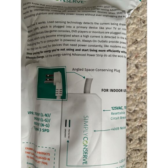 Simply Conserve 7 Outlet Advanced Power Strip Energy Saving Pc TV SC73T1 New - Picture 4 of 7